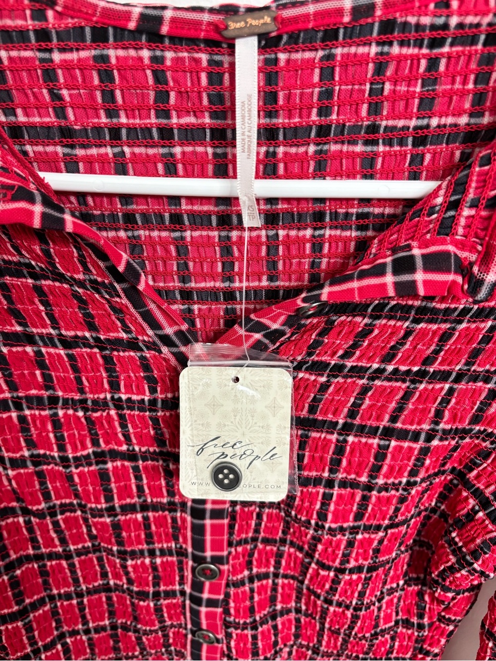 NWT Free People Red Plaid Smocked Button-Front Long Sleeve Top (Size XS) - Picture 4 of 5